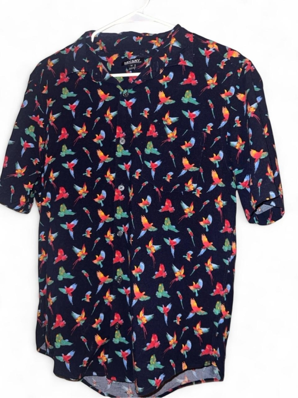 Men's Navy Short-Sleeve Button-Down Shirt with Multicolor Parrot Print